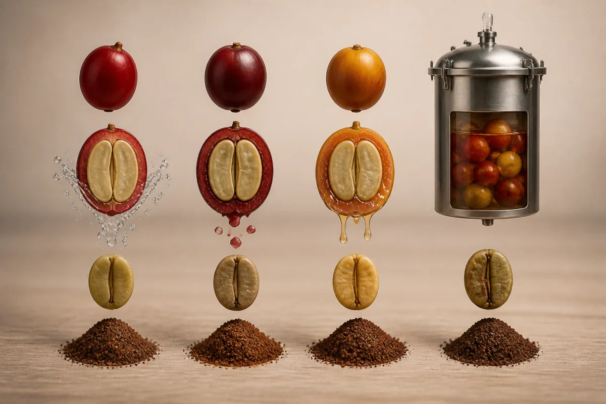 Schéma comparatif des traitements lavé, naturel, honey et anaérobie