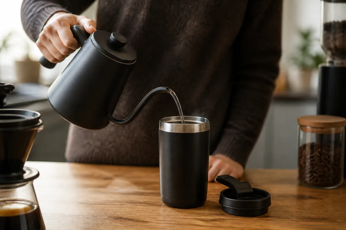 Main versant de l’eau très chaude dans un mug isotherme pour le préchauffer