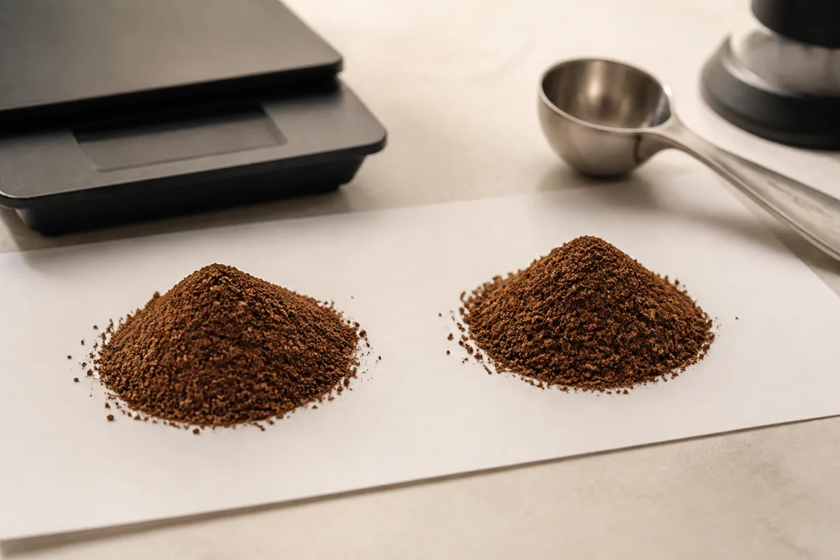 Deux tas de mouture côte à côte sur feuille blanche avec une balance et une cuillère