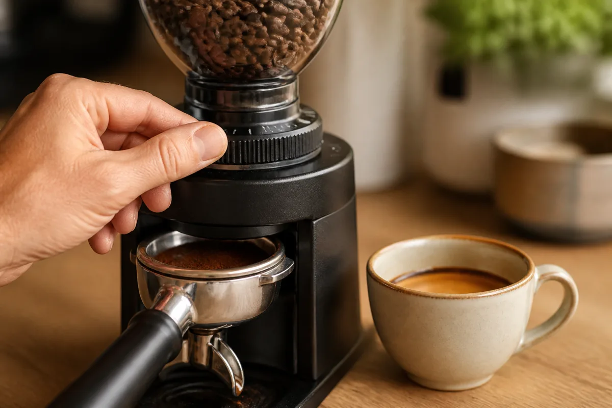 Main tournant la molette de mouture d’un broyeur, tasse repère posée à côté