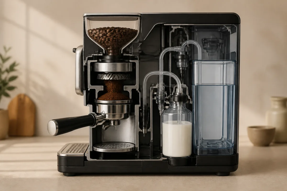 Schéma en coupe d’une machine à grain montrant broyeur, groupe d’infusion et circuit lait