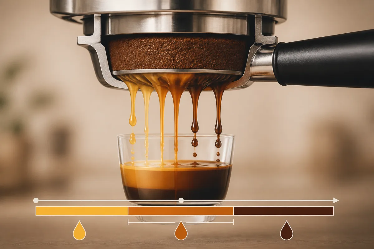 Diagramme temporel de l’extraction montrant acides, sucres puis amers, avec plage 25-35 s indiquée