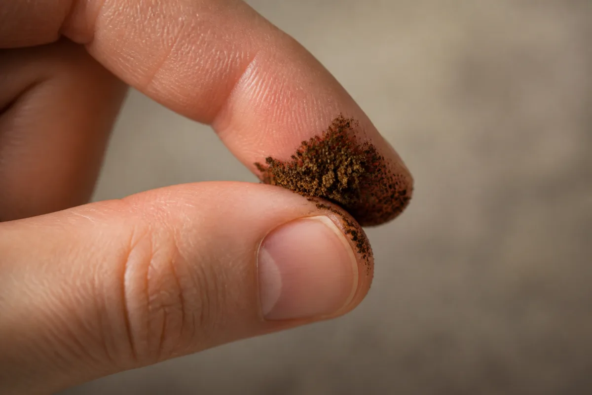 Pincée de mouture entre pouce et index montrant la texture granuleuse