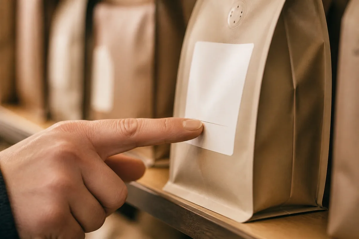 Gros plan d’une étiquette de paquet de café indiquant la date de torréfaction