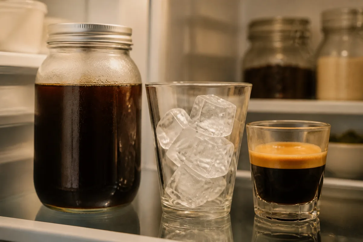 Bocal de cold brew au réfrigérateur à côté d’un verre à glaçons et d’un espresso