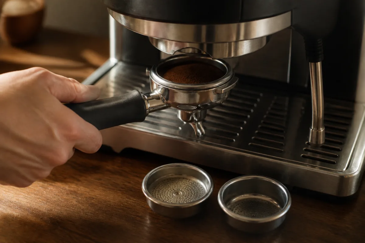 Main insérant un porte‑filtre avec panier visible dans une machine expresso