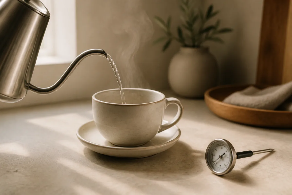 Bouilloire versant de l’eau dans une tasse préchauffée, thermomètre posé à côté