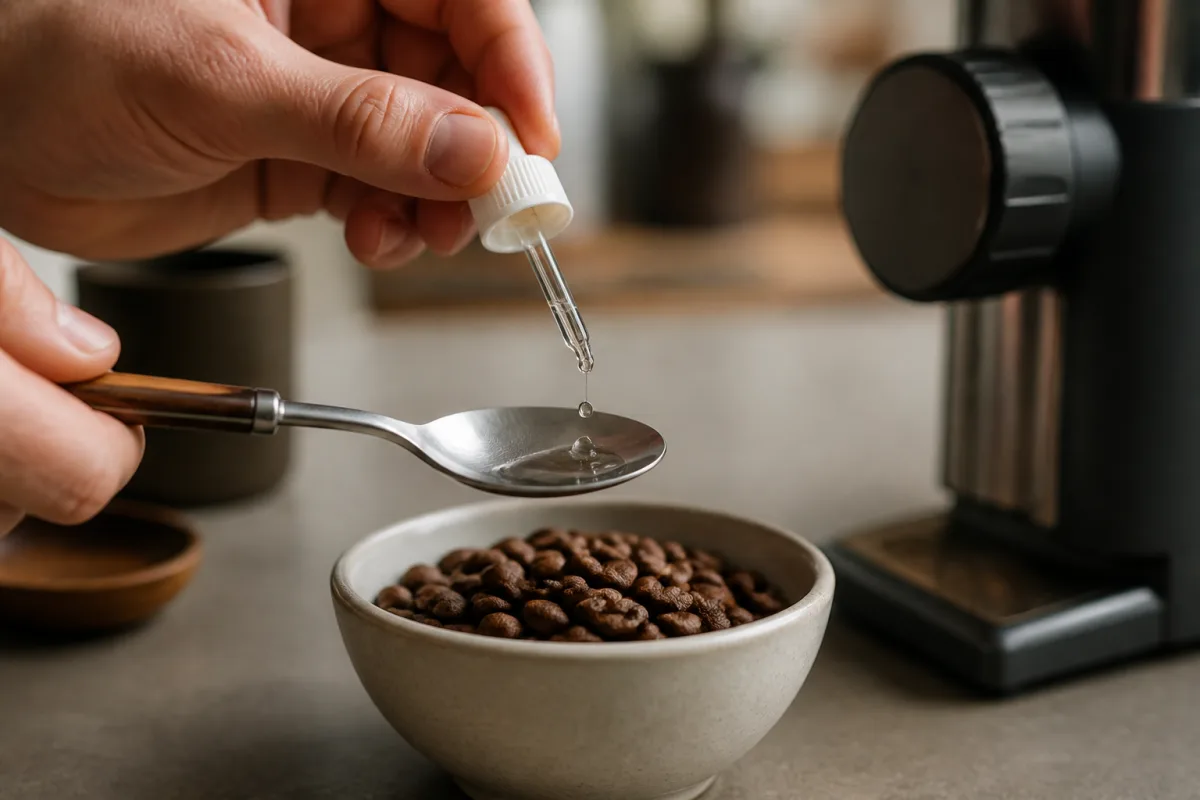Main déposant une goutte d’eau sur une cuillère au-dessus de grains de café