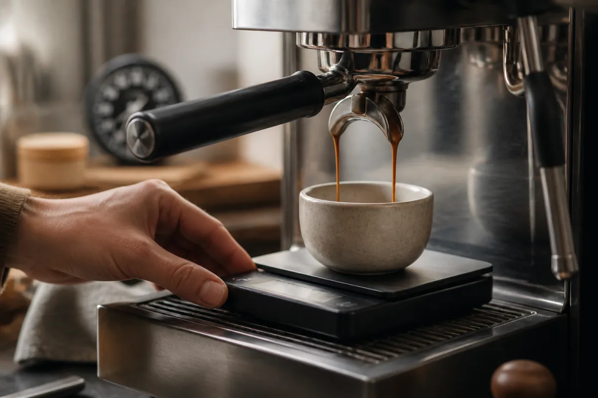 Balance sous porte‑filtre pendant extraction, chronomètre en arrière‑plan