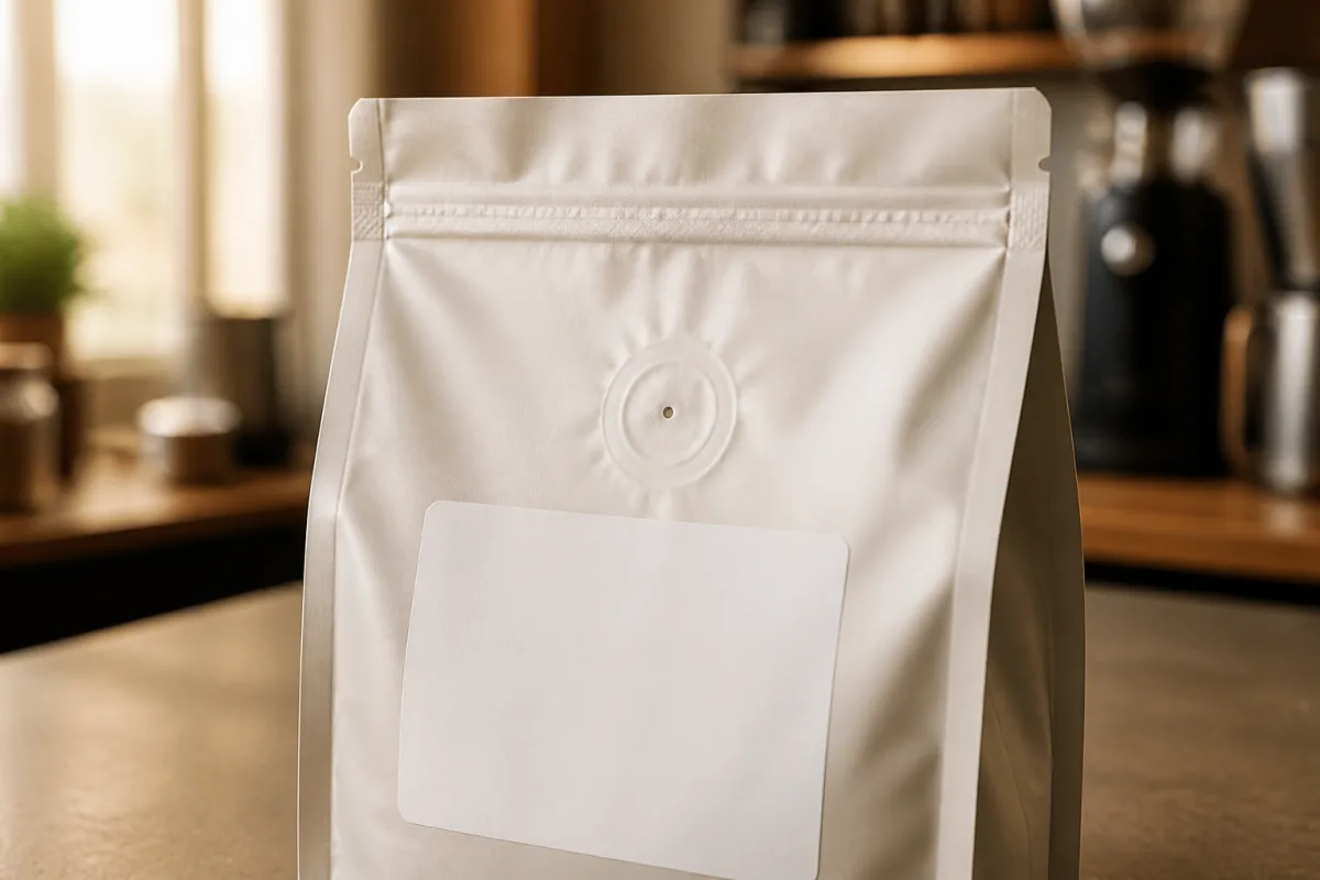 Sachet de café avec valve visible, soudure régulière et date de torréfaction sur étiquette