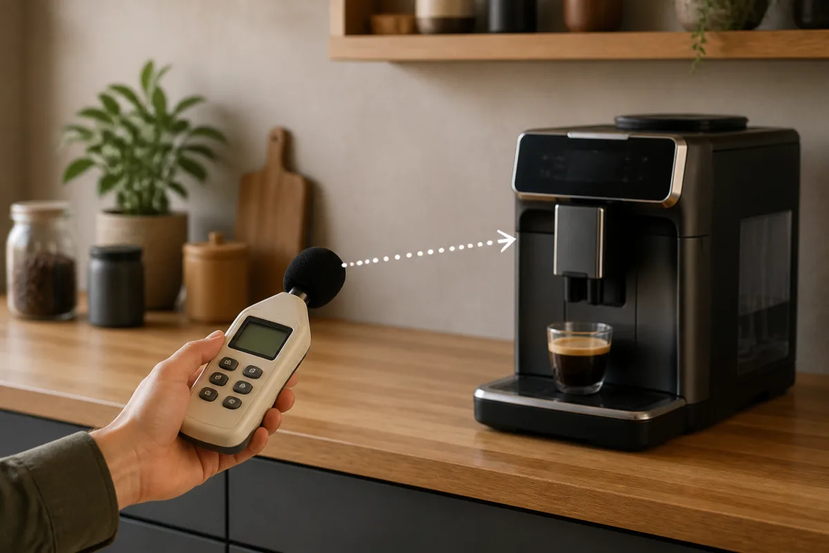 Sonomètre tenu à un mètre d’une machine à café sur un plan de travail