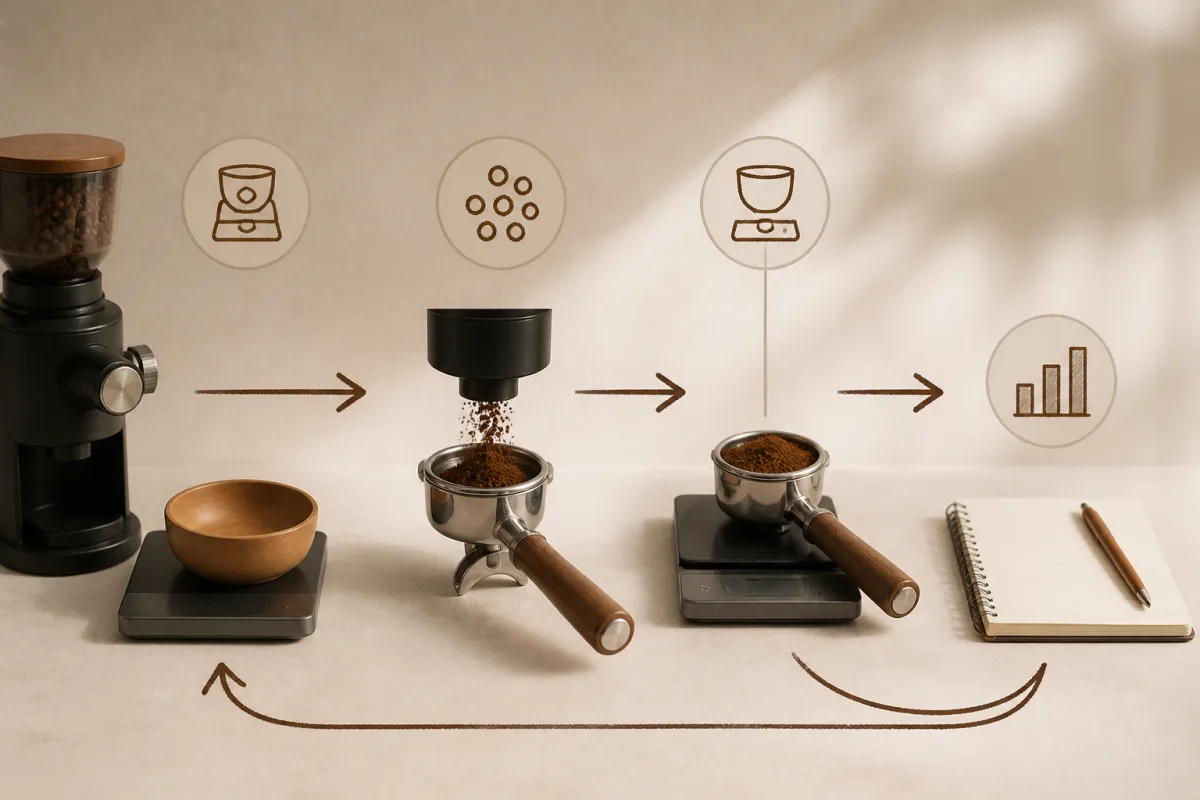 Schéma en coupe du protocole de mesure montrant pesée in, pesée out et calcul de la moyenne