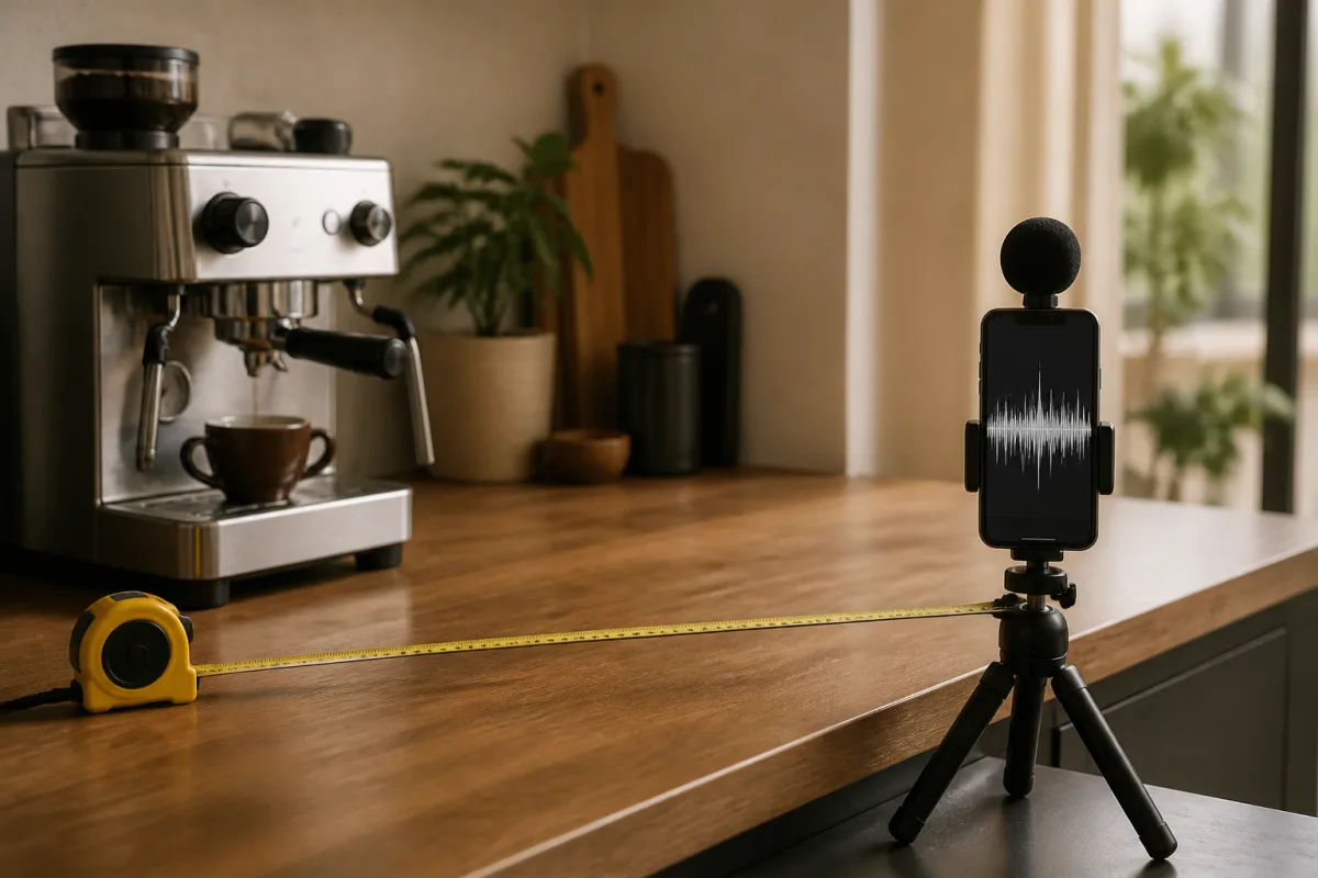Smartphone sur trépied à 1 mètre d’une machine à café, mètre déroulé indiquant la distance