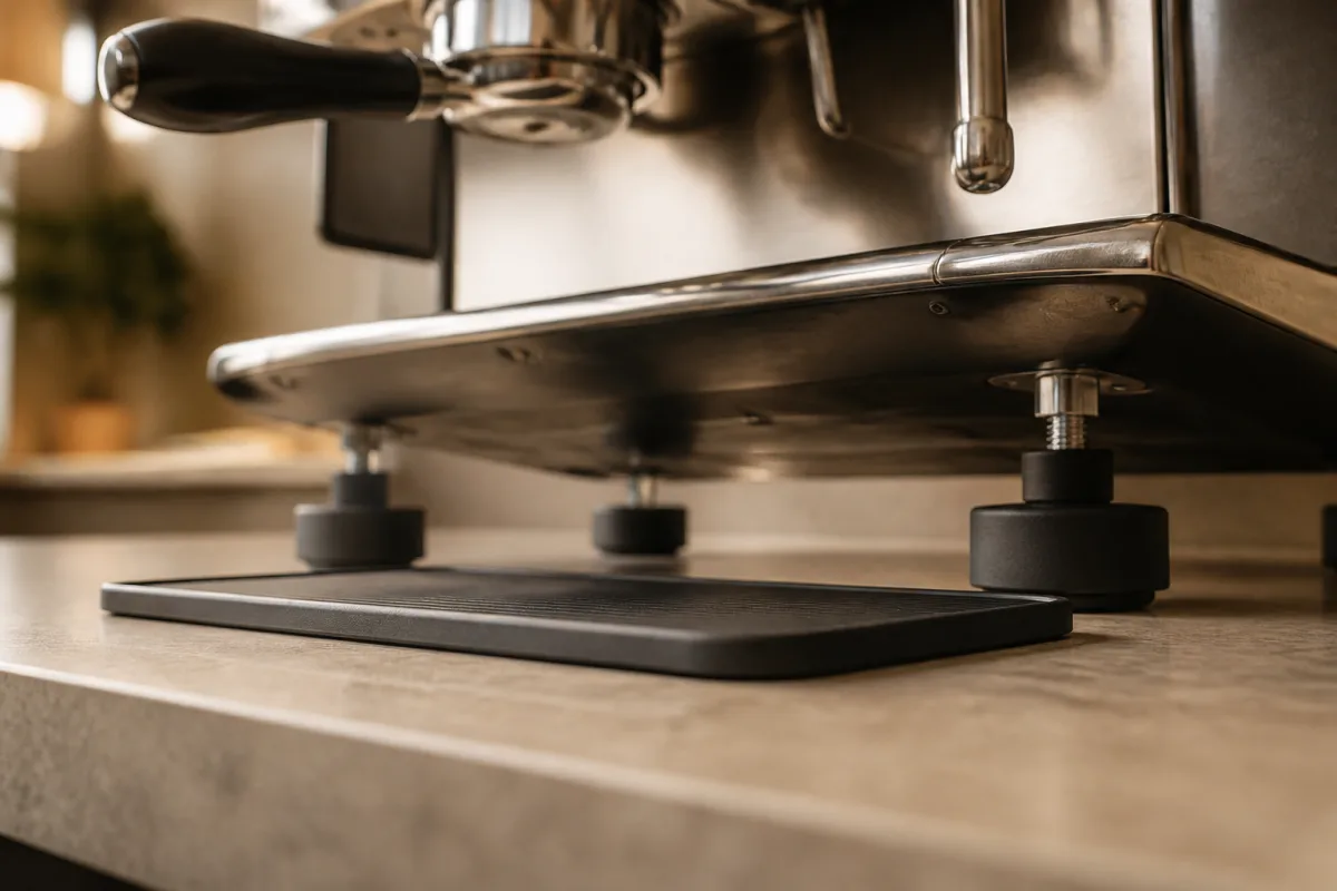 Pieds de machine posés sur silent‑blocks et sur un tapis anti‑vibrations en caoutchouc
