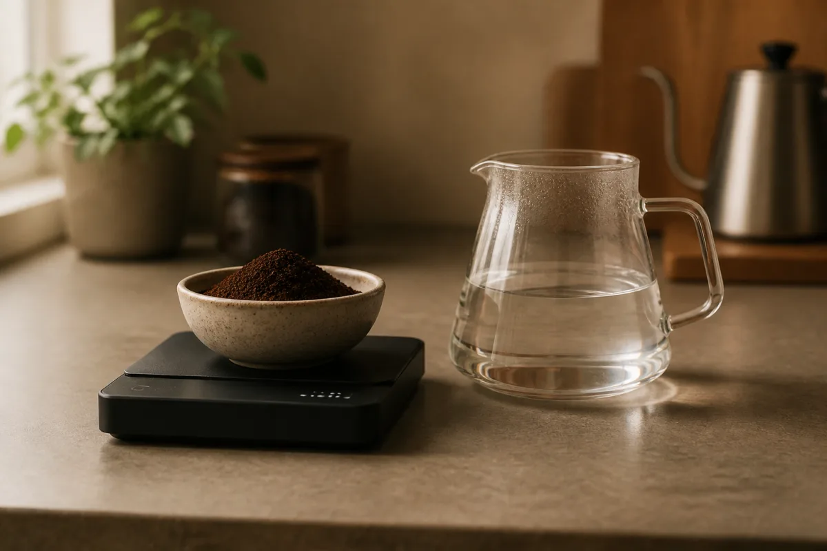 Balance numérique lisant 20 g à côté d’une carafe contenant 320 ml d’eau