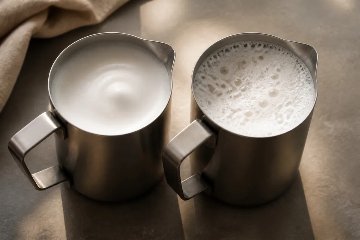 Deux pichets de lait montrant micro‑mousse et mousse à grosses bulles