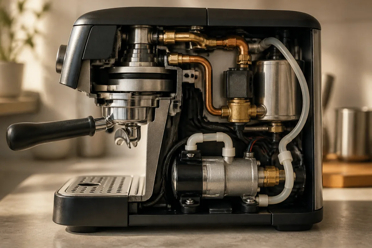 Schéma en coupe d’une machine espresso indiquant pompe, électrovanne, joint de groupe et groupe d’infusion