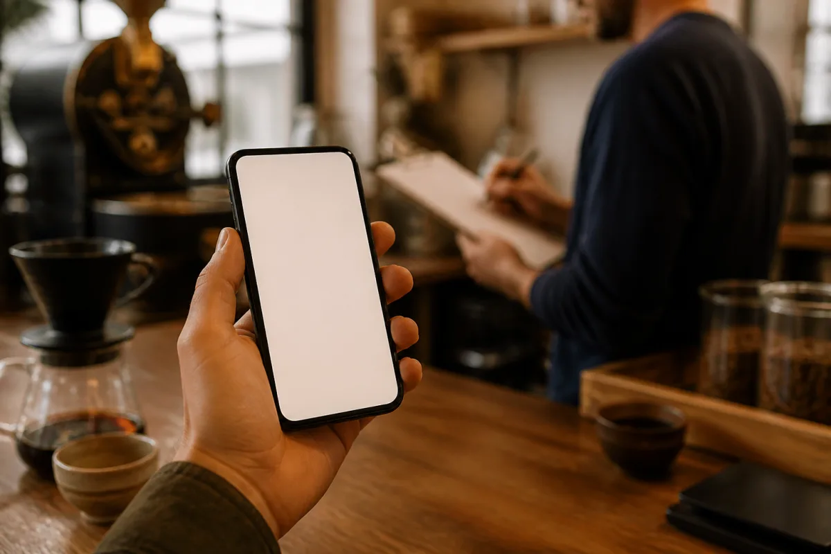 Téléphone montrant une recette de café, torréfacteur annotant des paramètres en arrière-plan